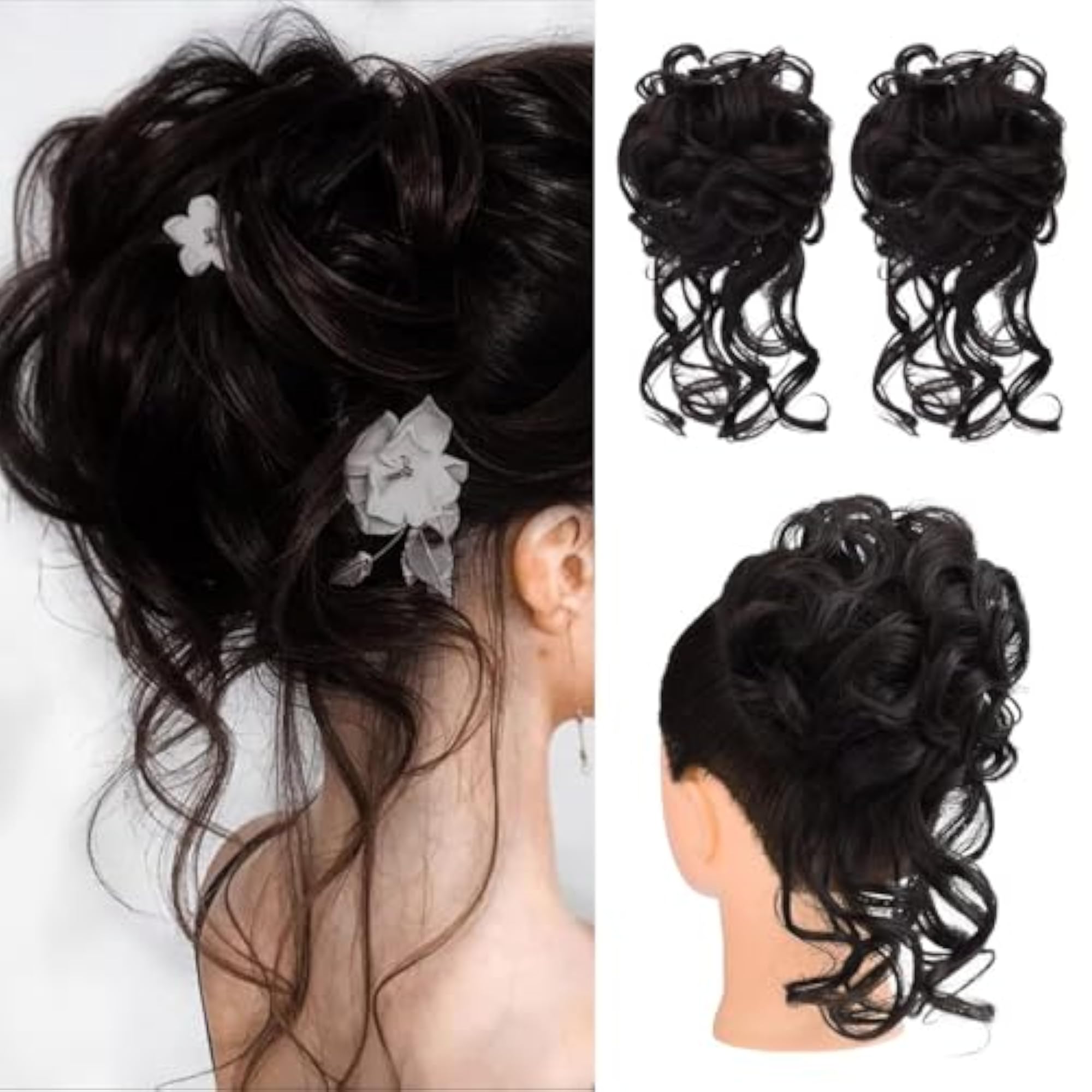 Fashionable Black Brown Synthetic Wavy Curly Scrunchies Set